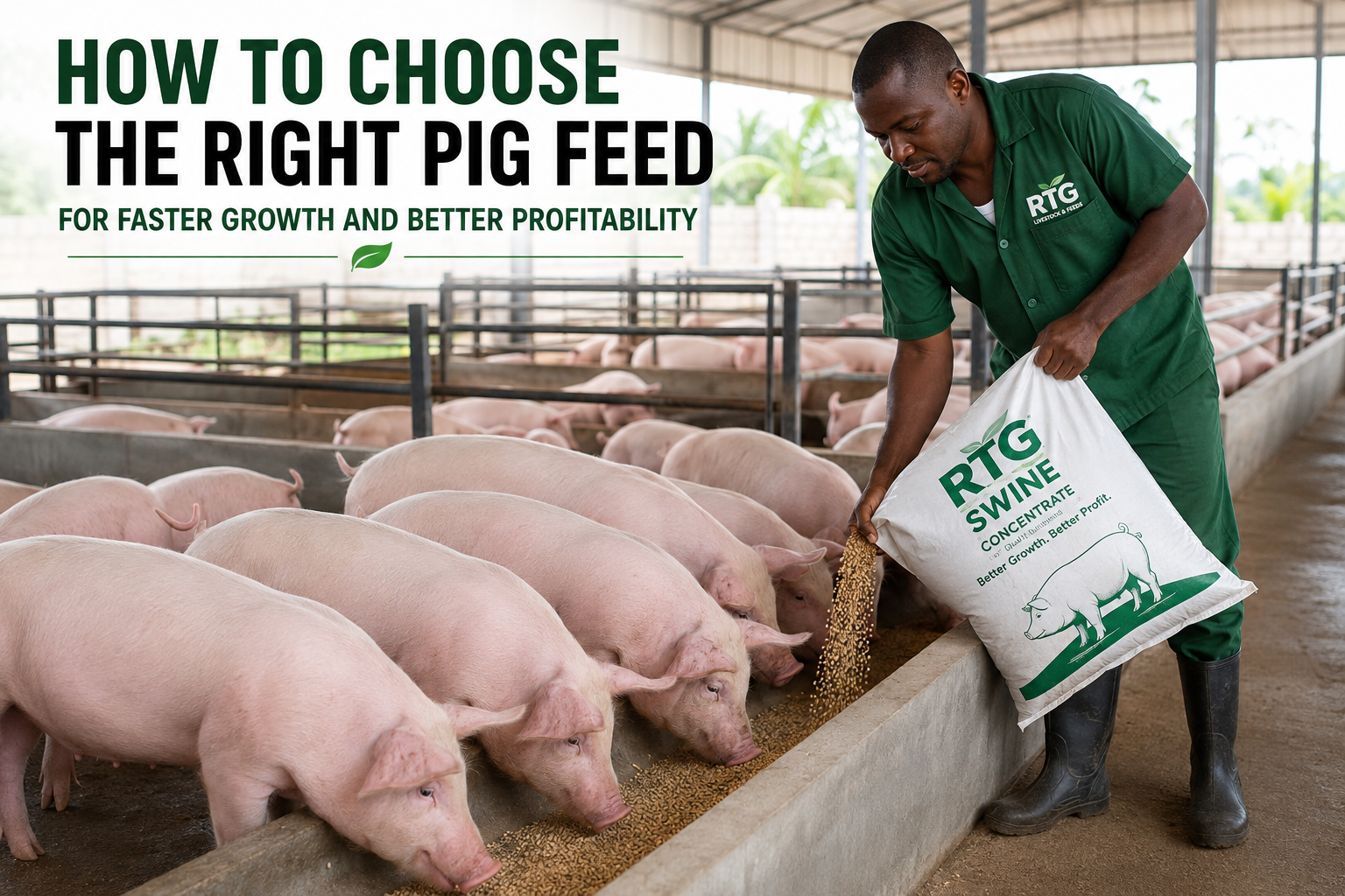 Farmer feeding healthy growing pigs with high-quality, nutritious pig feed in a clean modern pig farm.