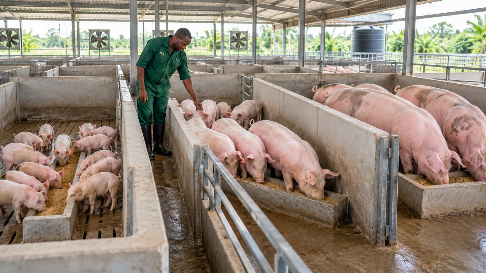 Healthy starter, grower and finisher pigs on a modern Nigerian farm