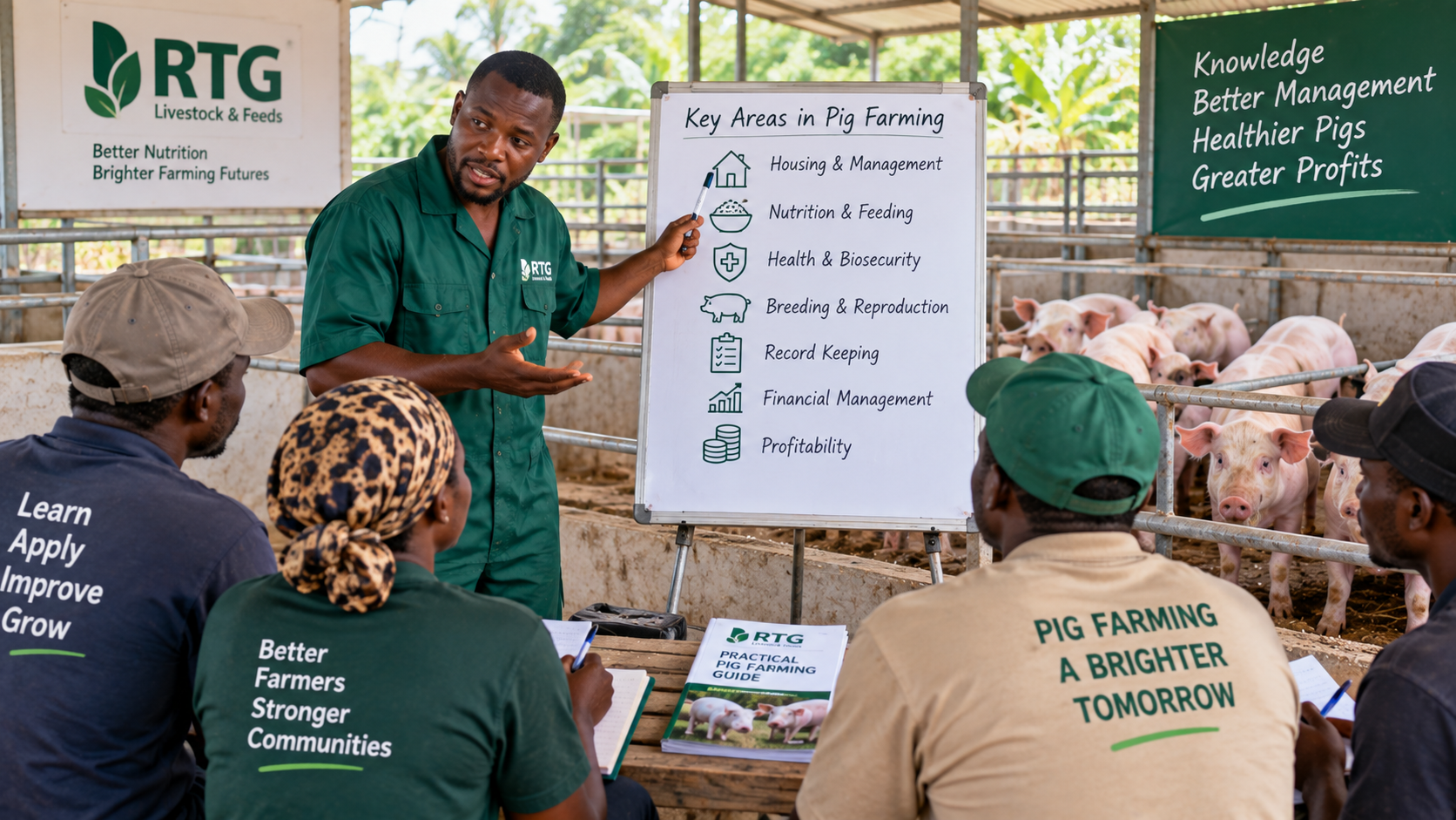 Nigerian pig farmer learning practical pig farming management skills