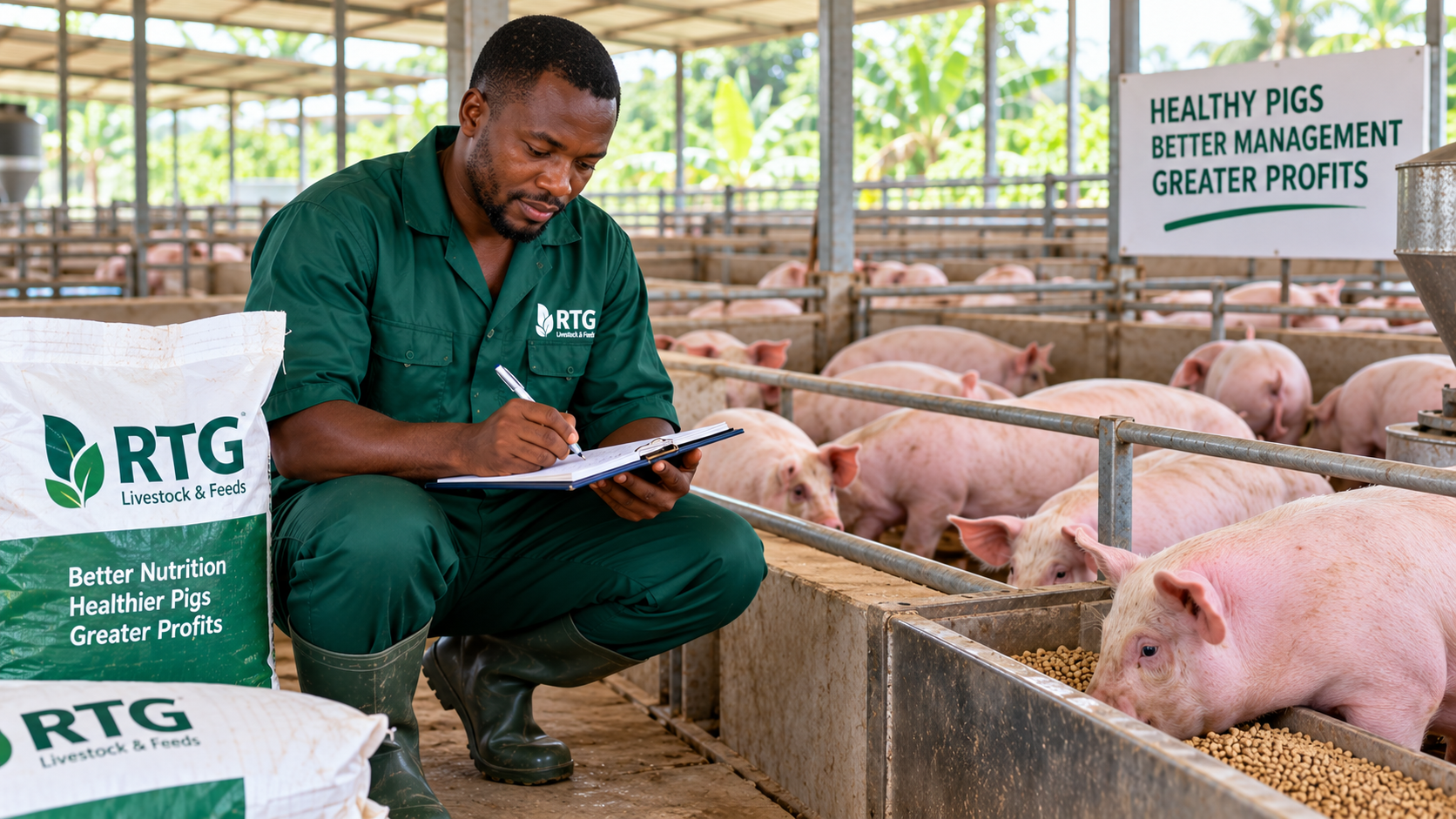 Nigerian pig farmer managing healthy pigs and monitoring farm records for profitable pig production